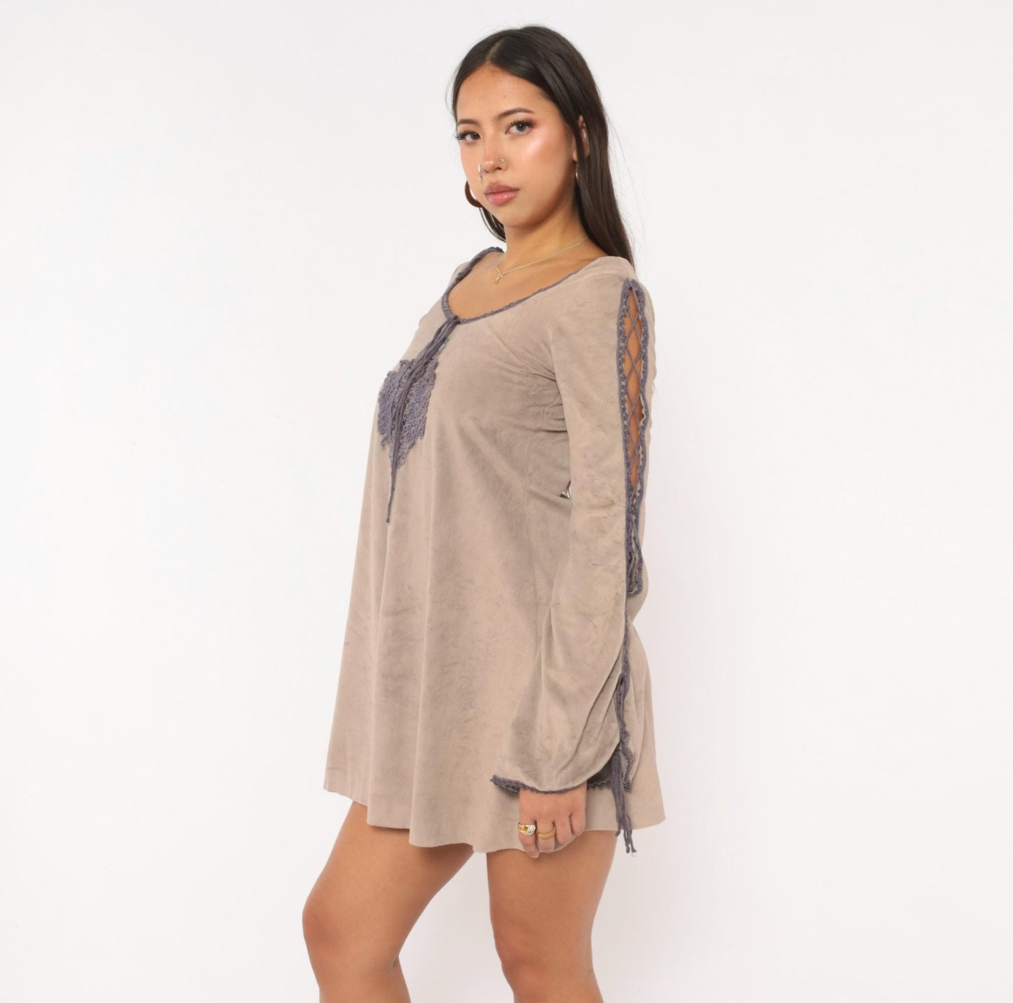 70s Grey Velour Mini Dress Purple Lace Cutout Bell Sleeve Extra Small XS