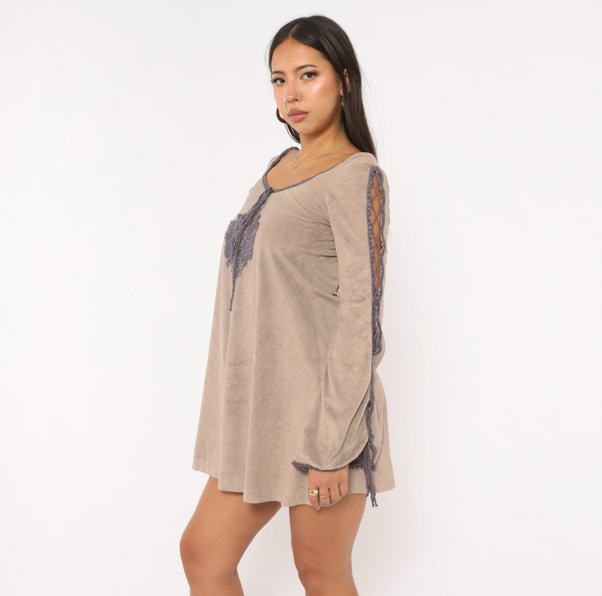 70s Grey Velour Mini Dress Purple Lace Cutout Bell Sleeve Extra Small XS