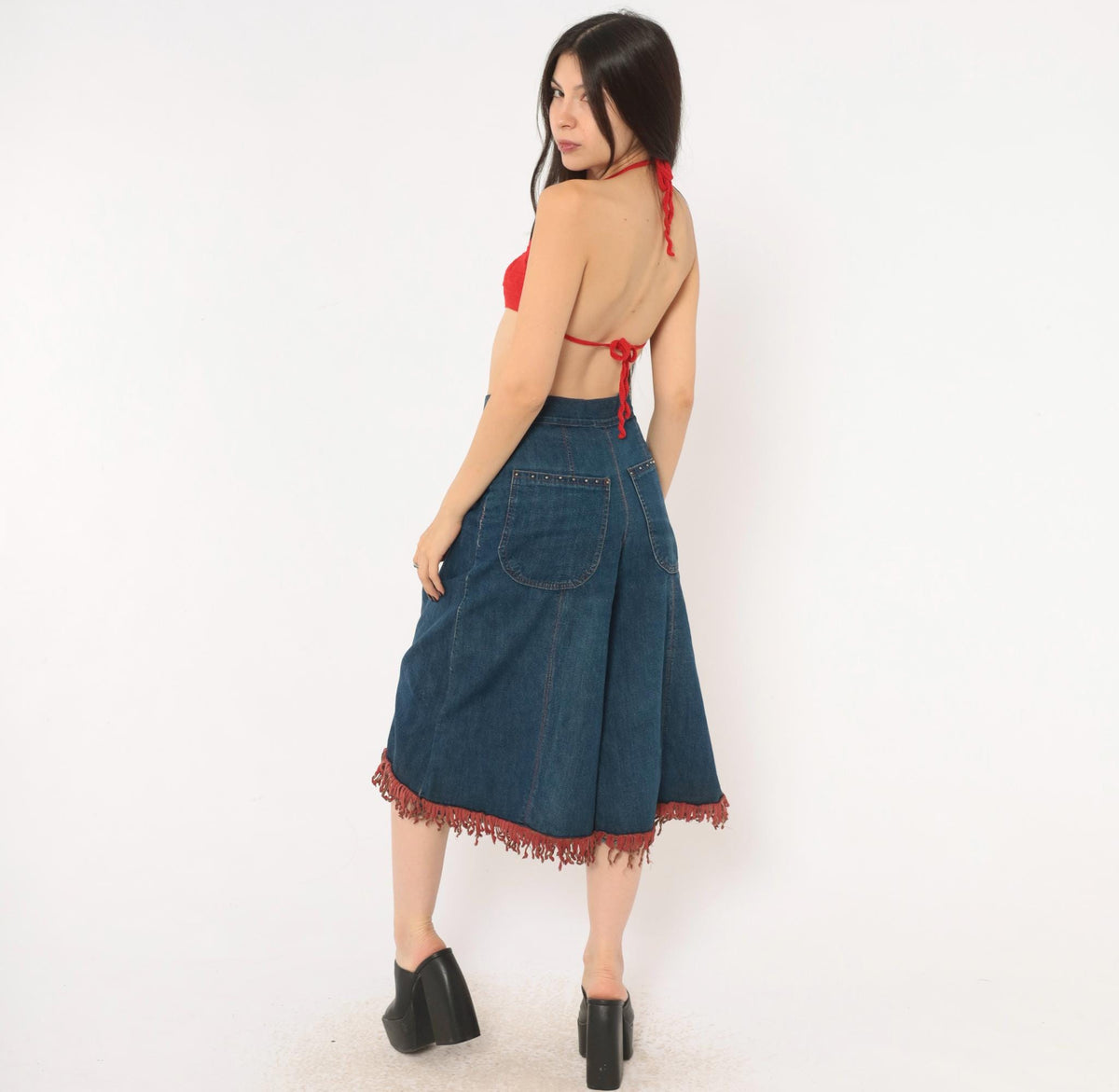 80s Blue Denim Wide Leg Shorts Red Fringe Lace Up Front Studded Medium M
