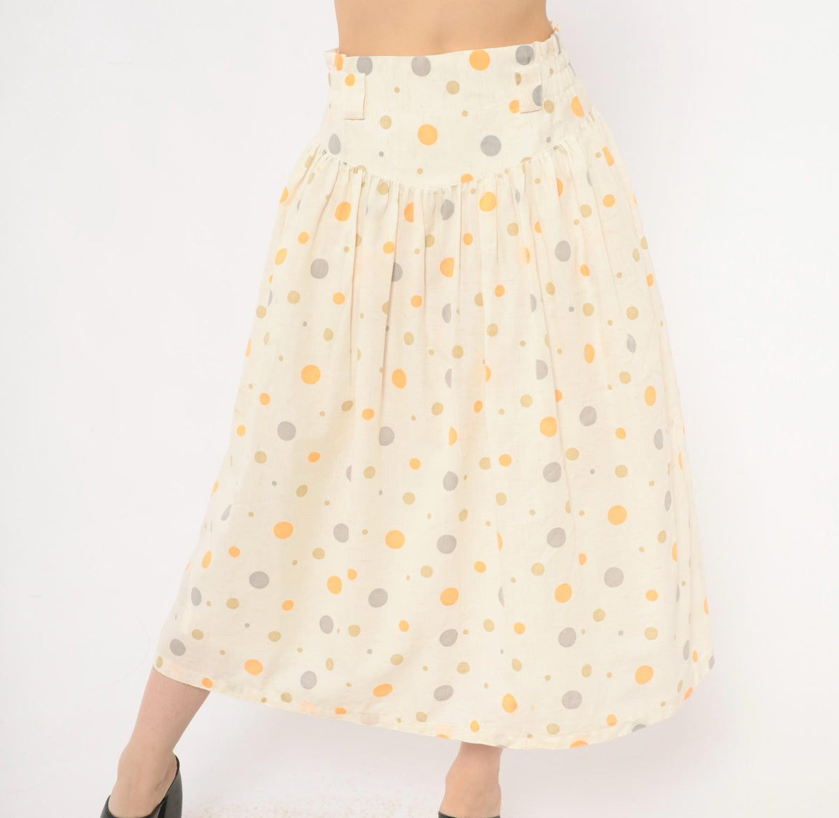 90s Polka Dot Midi Skirt Cream Orange Gray Cotton Gathered High Waist Medium