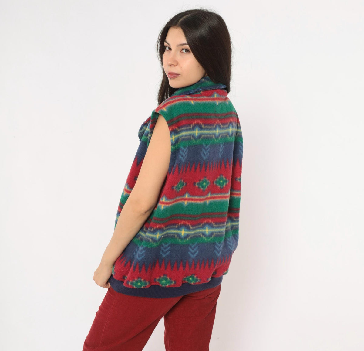 90s Emi Southwestern Fleece Vest Red Blue Geometric Shawl Collar Large L