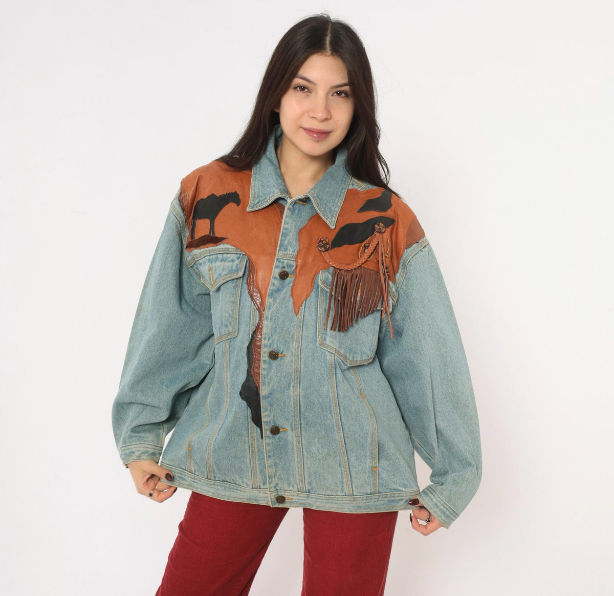 90s Petra C. Wall Denim Jacket Western Leather Cowboy Horse Patchwork Light Blue Medium M