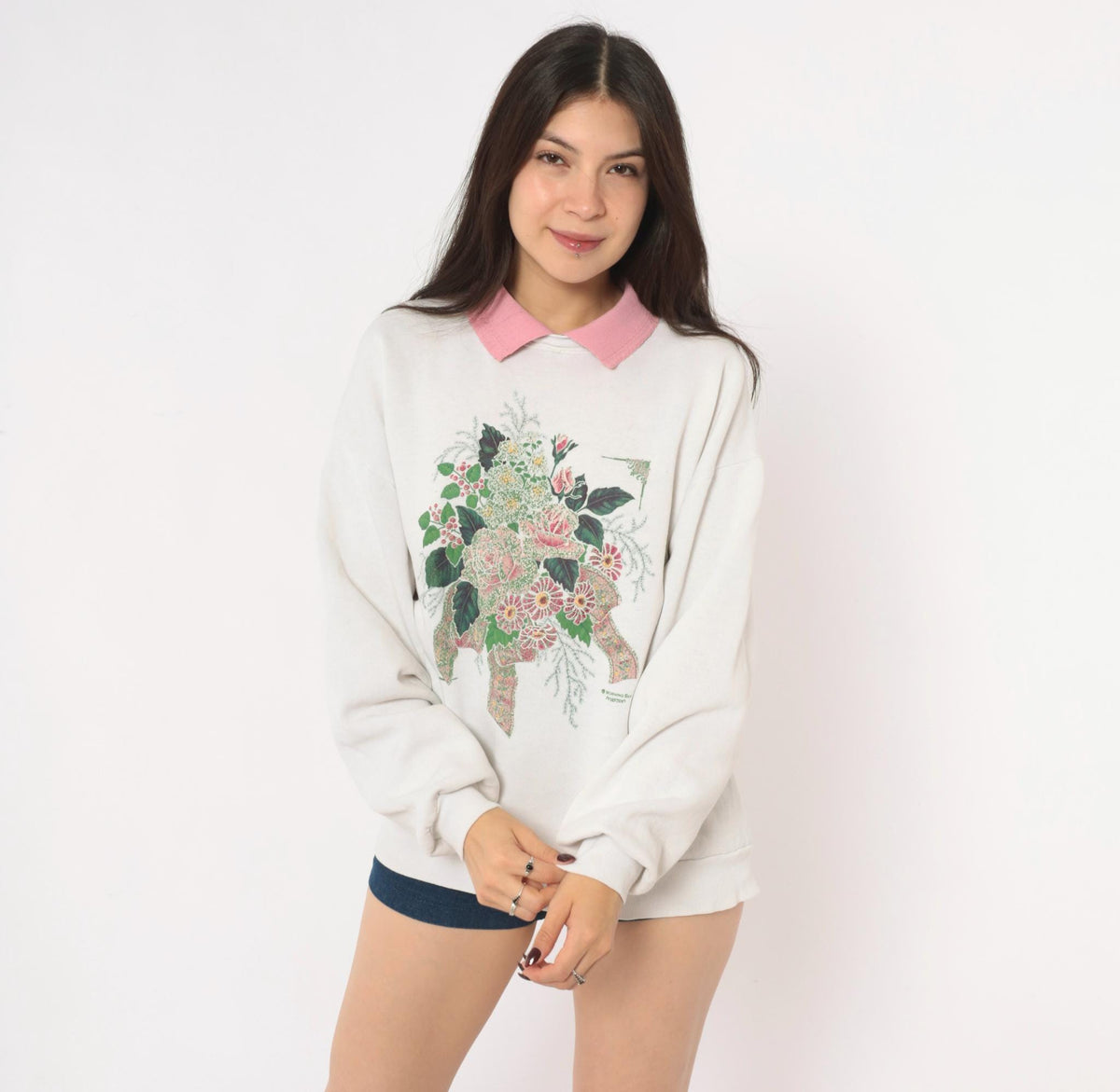 90s Morning Sun Floral Sweatshirt Pink Roses Off White Raglan Large L