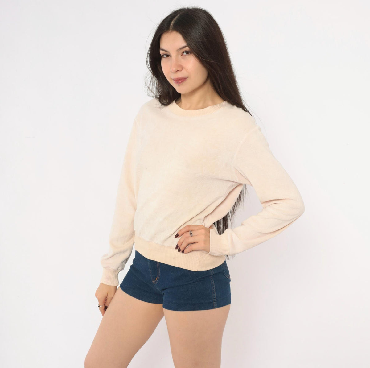 80s St Martine Velour Sweatshirt Cream Blush Pink Ribbed Crew Pullover Medium