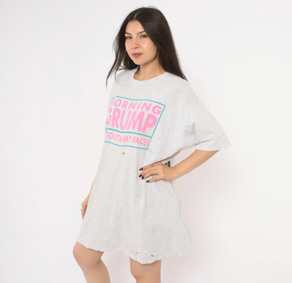 90s Cigli Slogan T-Shirt Dress Grey Heather Cotton Pink Teal Print Small