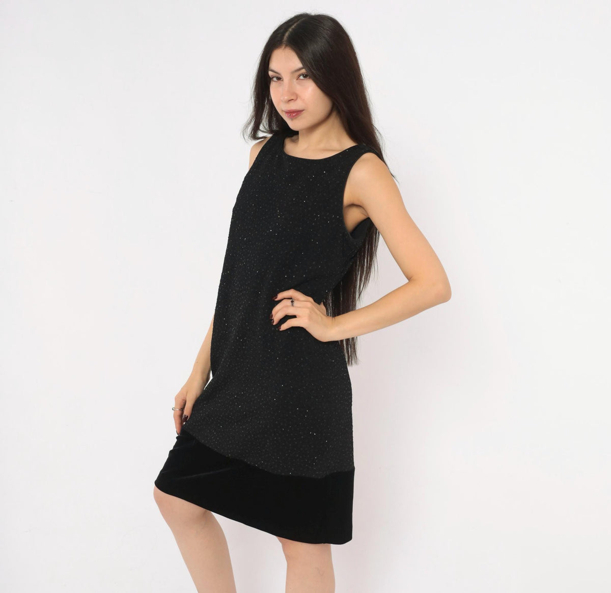 90s Jessica Howard Black Glitter Dress Velvet Trim V Back Knee Length Medium M