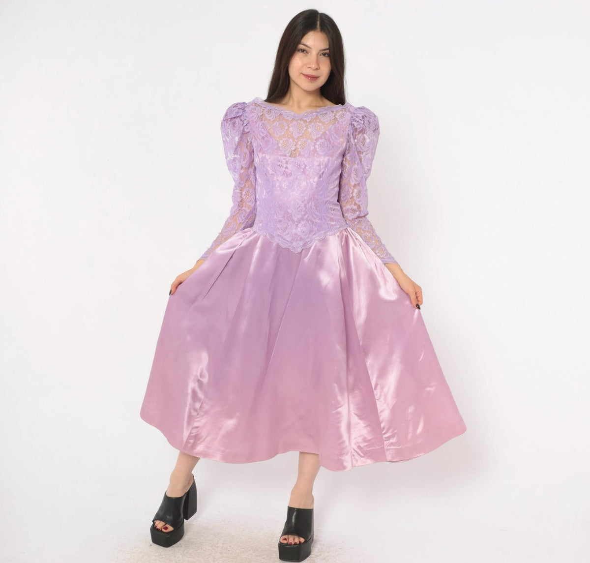 80s Lavender Lace Midi Dress Puff Sleeve Satin Purple V Neck Small