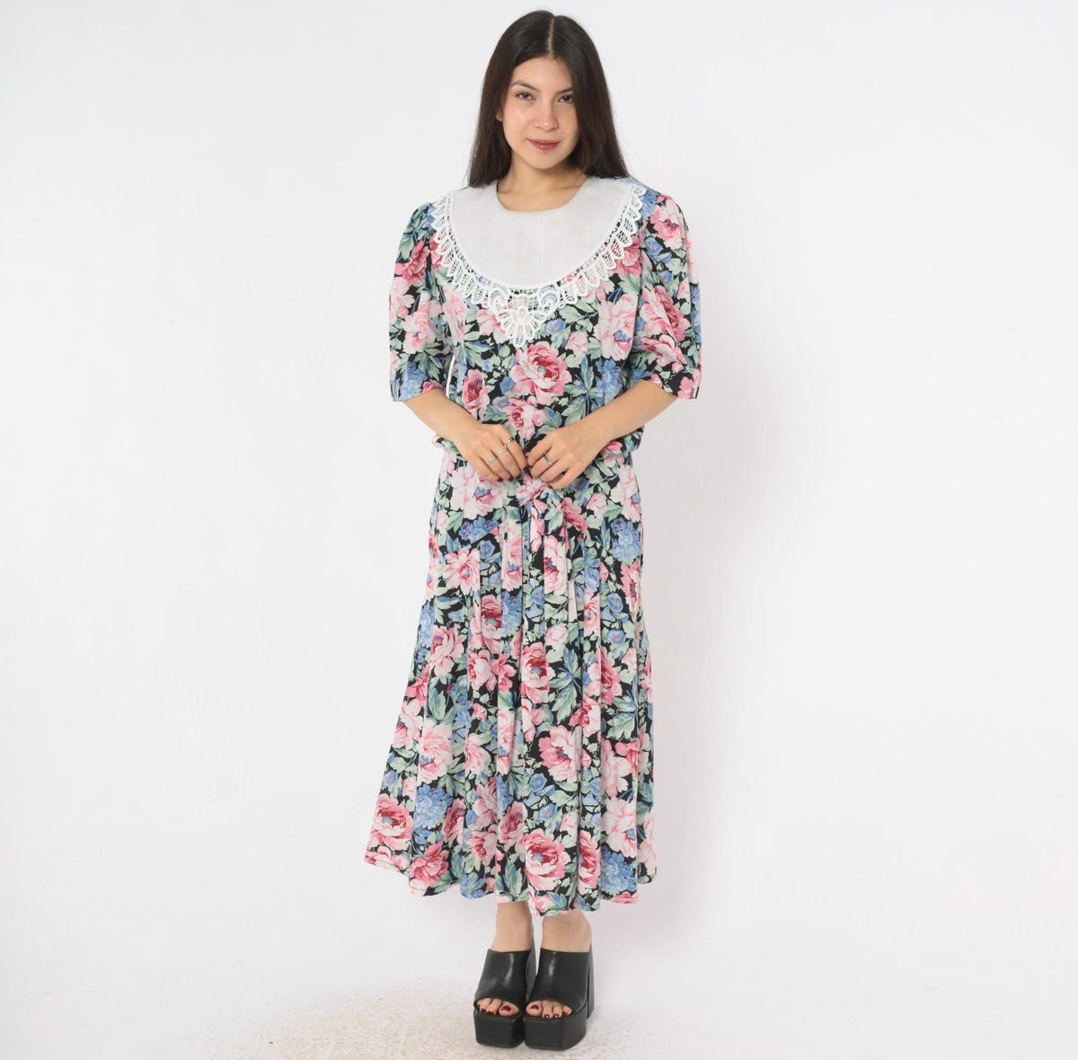 80s Floral Midi Dress Black Pink Rose Lace Collar Puff Sleeve Drop Waist Large L