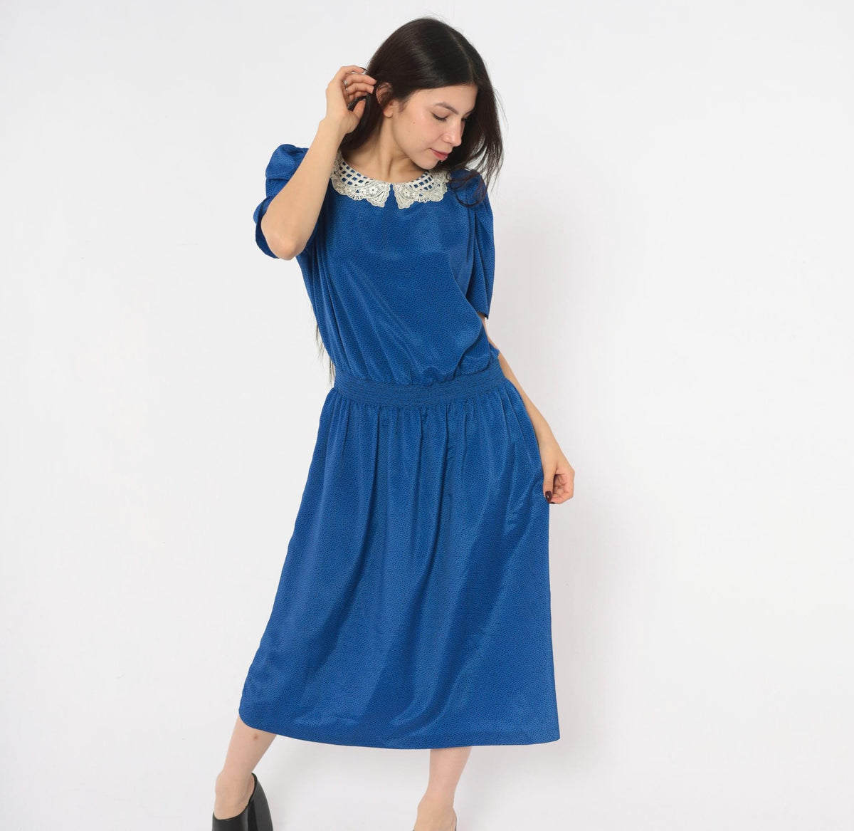 80s Stuart Alan Cobalt Midi Dress Lace Collar Puff Sleeve Dot Print Medium