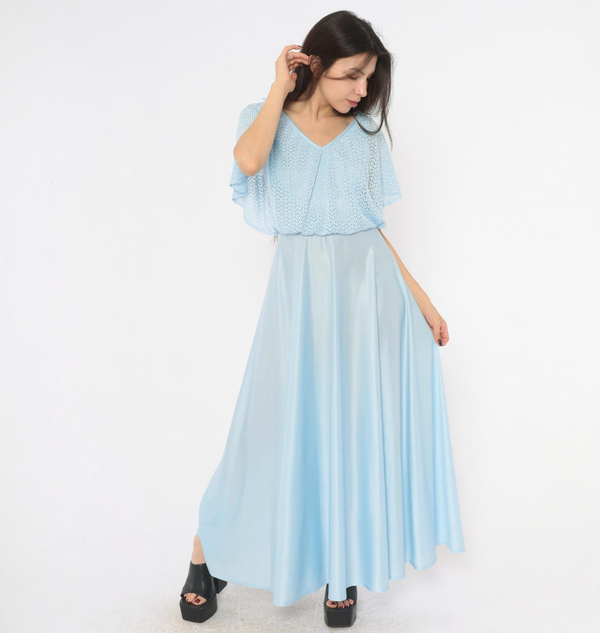 70s Light Blue Maxi Dress Pointelle Knit Capelet V Neck Flutter Sleeve Small
