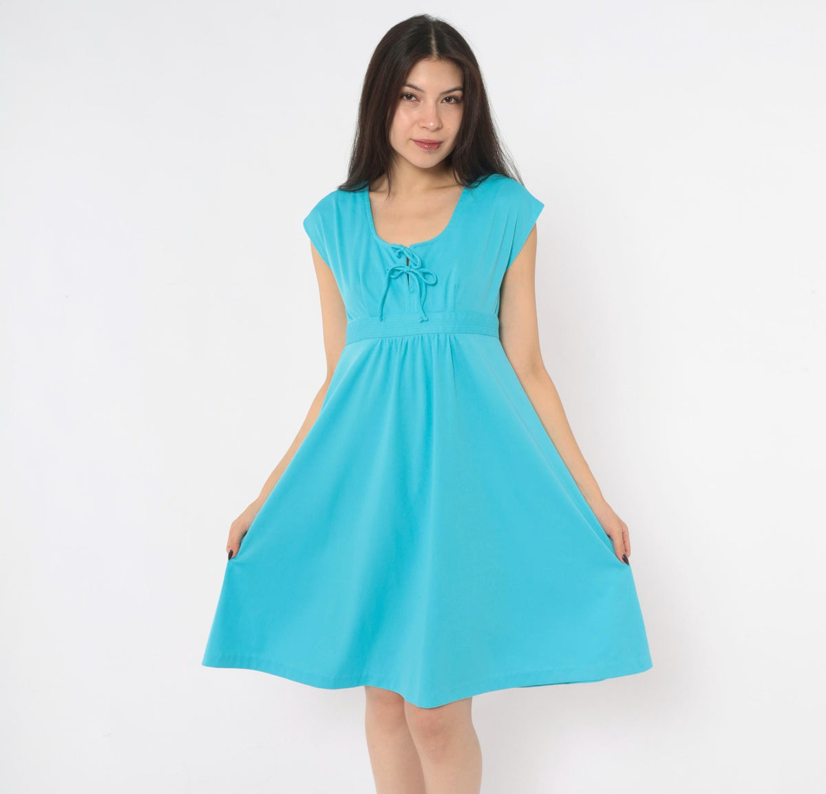 70s Teal Blue Knee-Length Dress Cap Sleeve Empire Waist Keyhole Tie Back Small