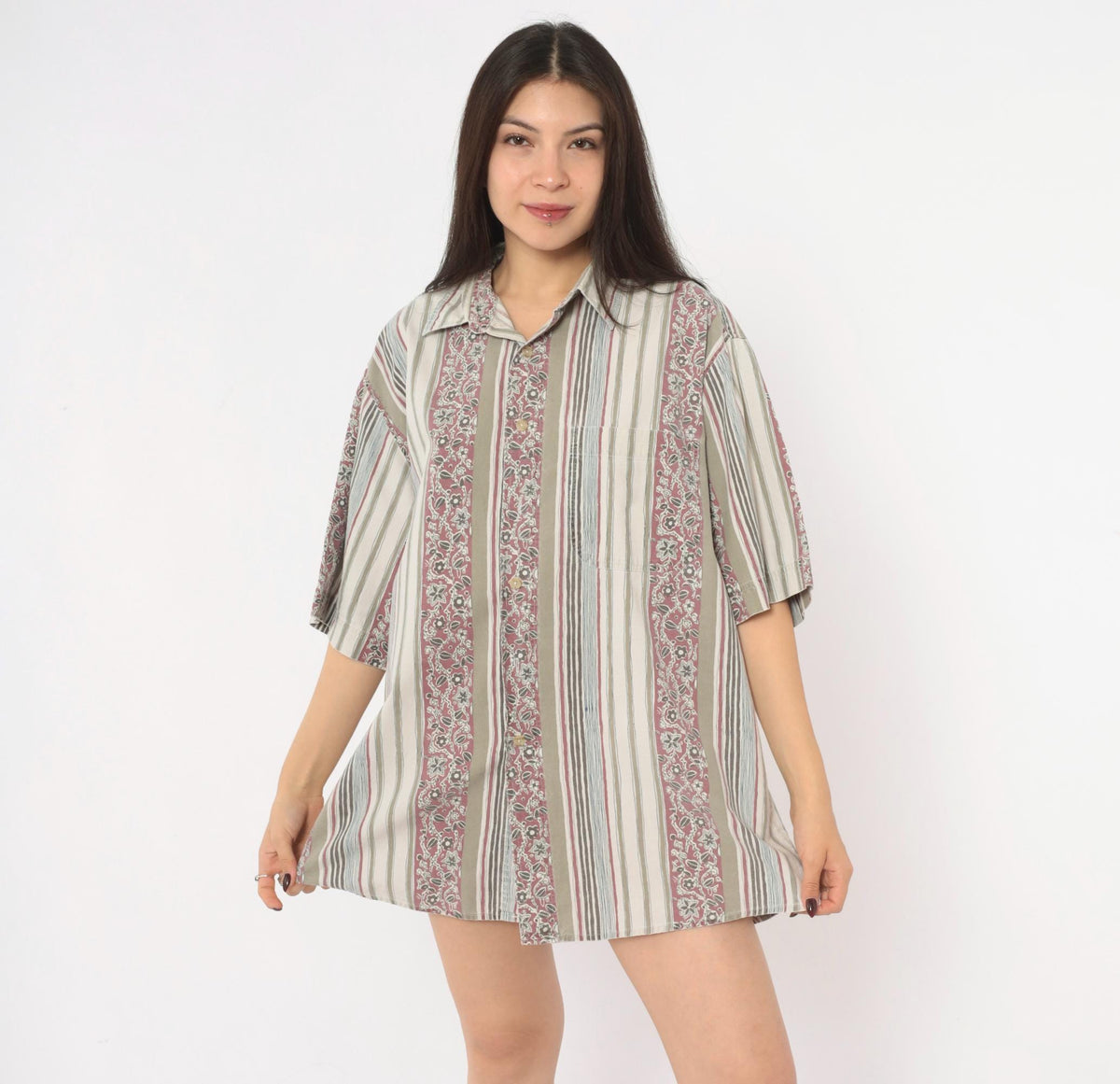 90s Key Elements Striped Floral Cotton Shirt Cream Rust Extra Large XXL