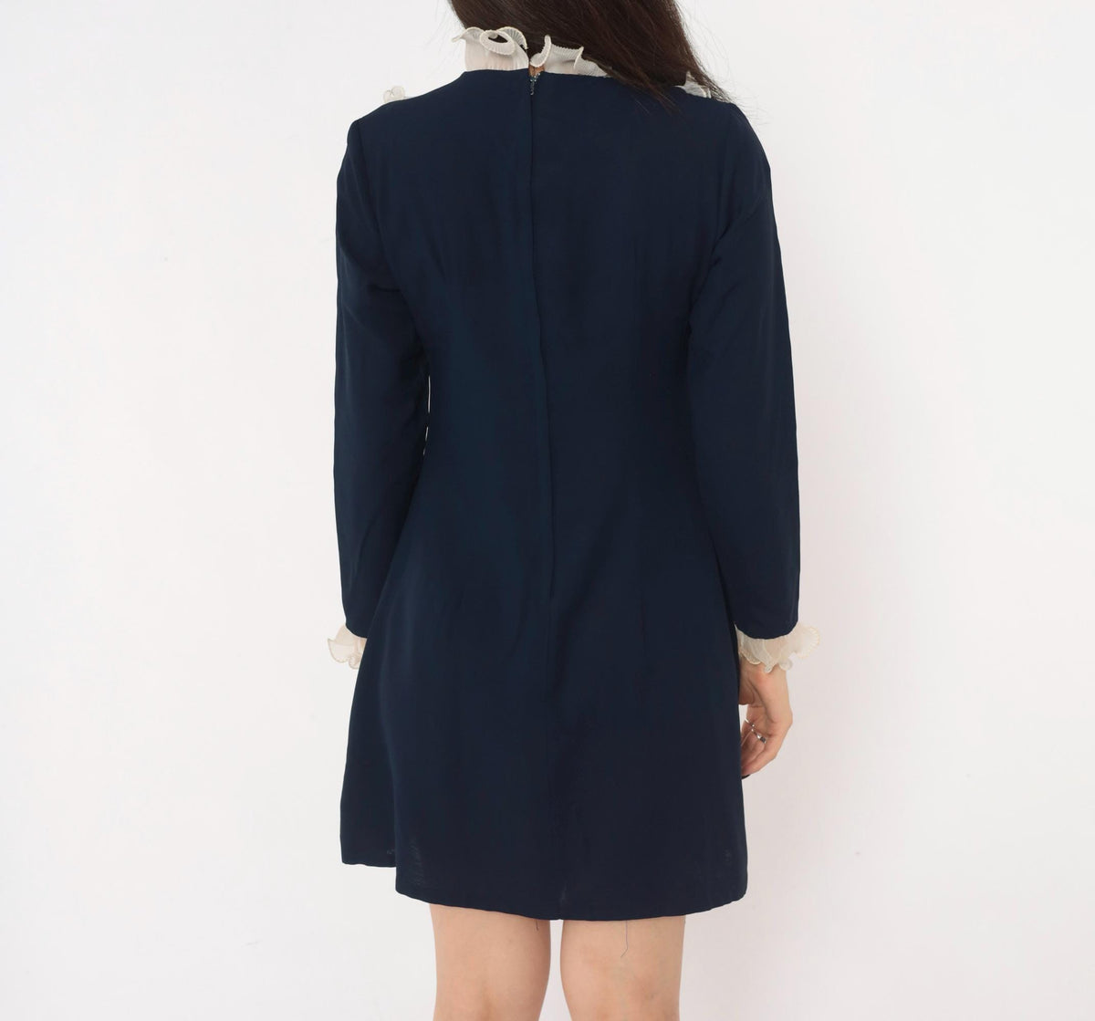 60s Navy Babydoll Dress White Ruffle Bib Mock Neck Pearl Buttons Small