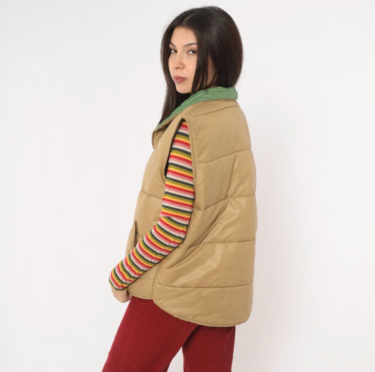 80s Aramis Devin Puffer Vest Tan Reversible Green Quilted Snap Medium