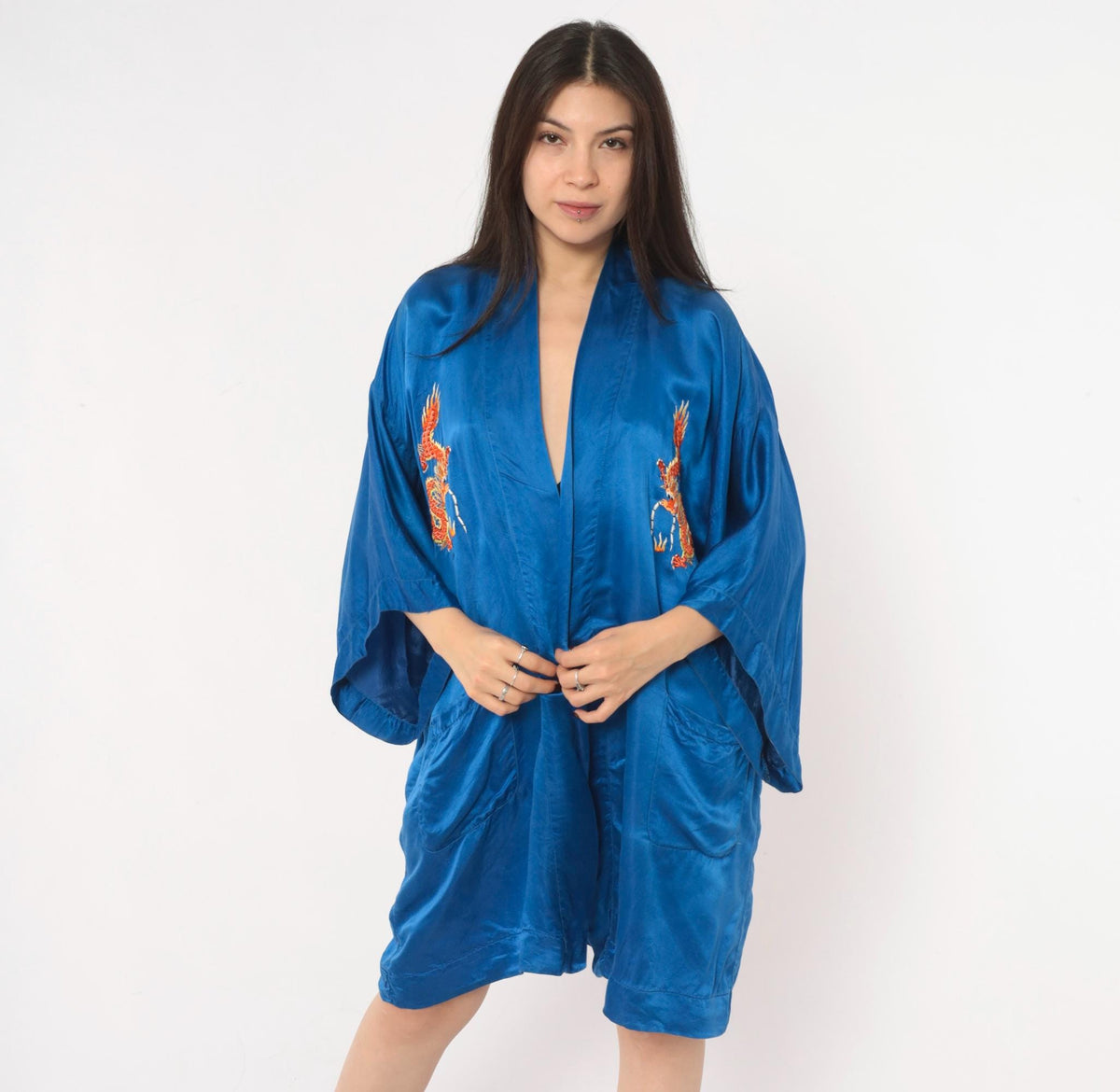 90s Golden Deer Silk Kimono Robe Cobalt Blue Dragon Embroidered Medium