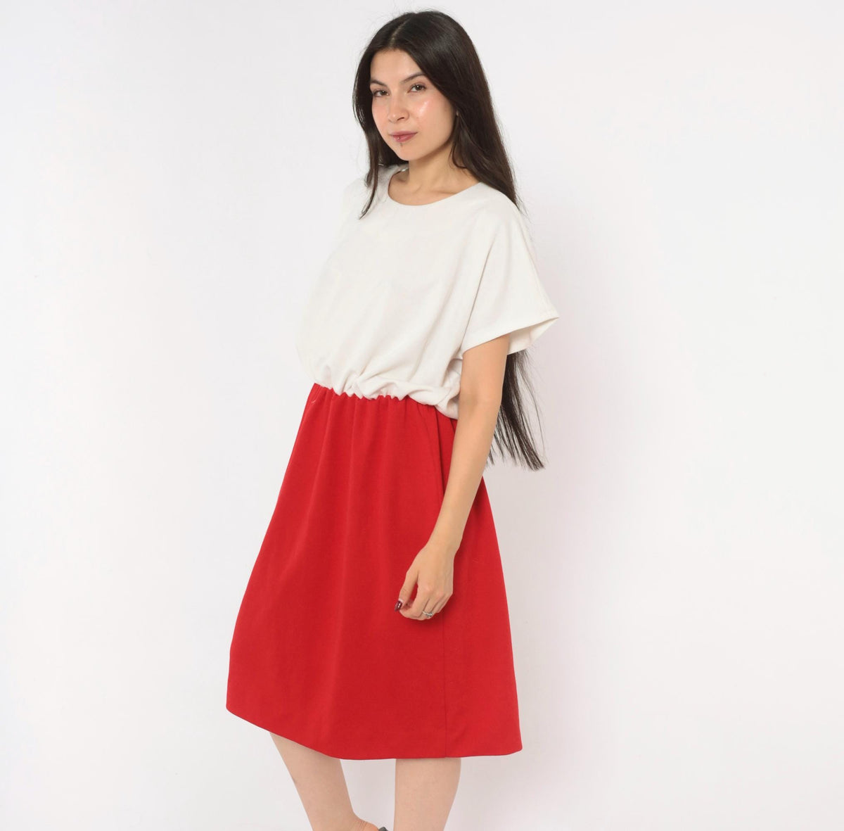 80s Leslie Fay Colorblock Dress White Red Gathered Waist Knee-Length Plus Size 1X
