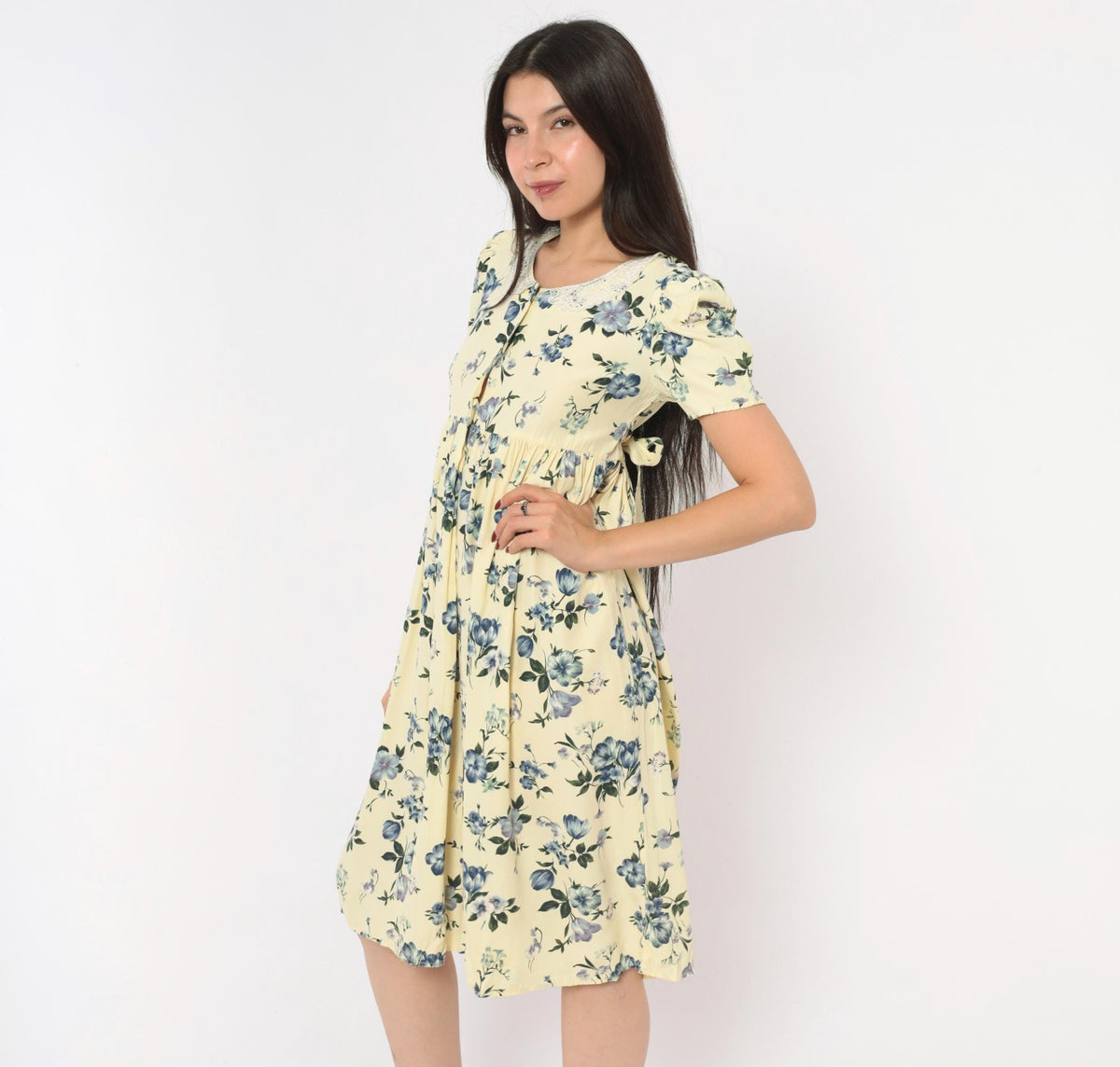 90s Swat Floral Babydoll Dress Cream Blue Puff Sleeve Lace Collar Extra Small XS