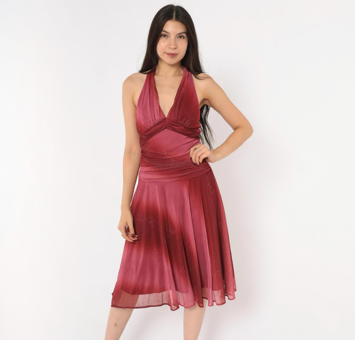 00s Fanny Fashion Burgundy Ombre Halter Dress Deep V Neck Mesh Floral Glitter Small