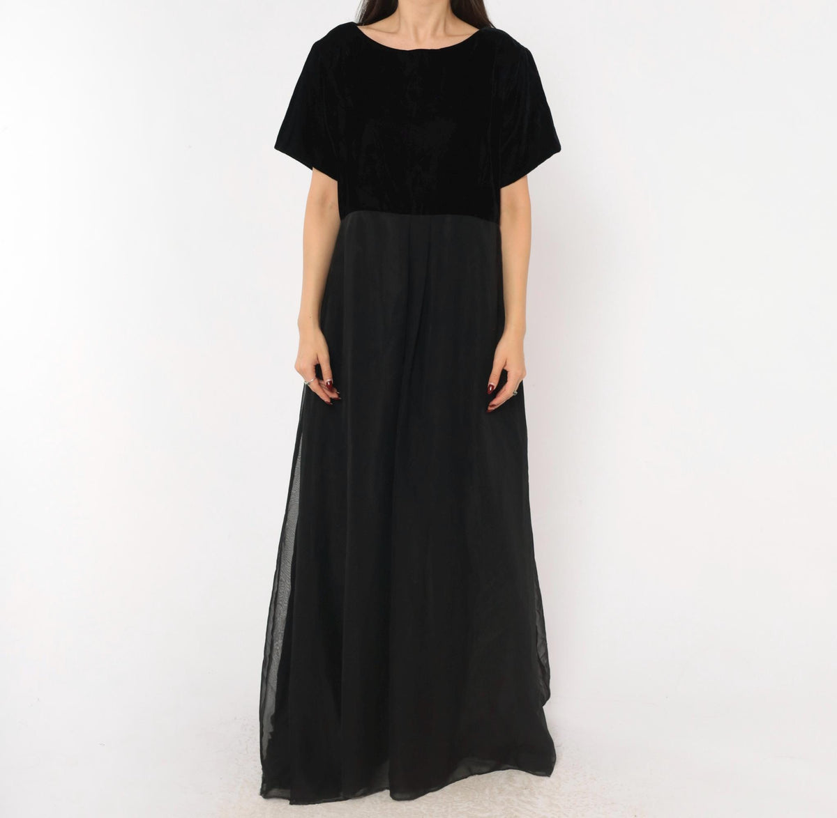 90s Stage Black Velvet Bodice Maxi Gown Chiffon Empire Waist Plus Size XXL