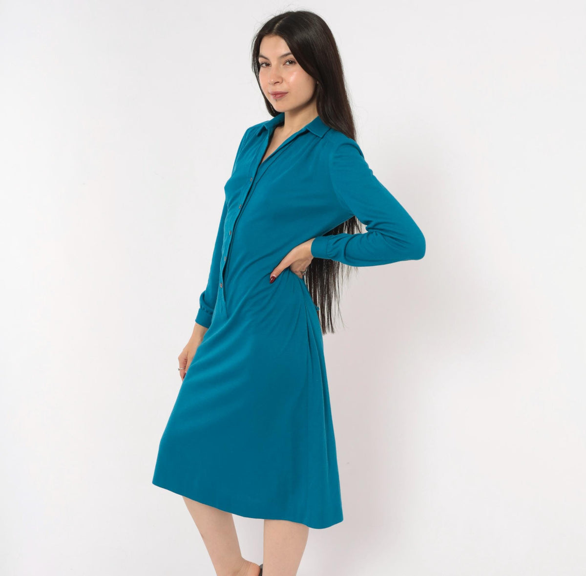 70s Schrader Sport Petites Teal Wool Shirt Dress Tie Waist A-Line Medium M