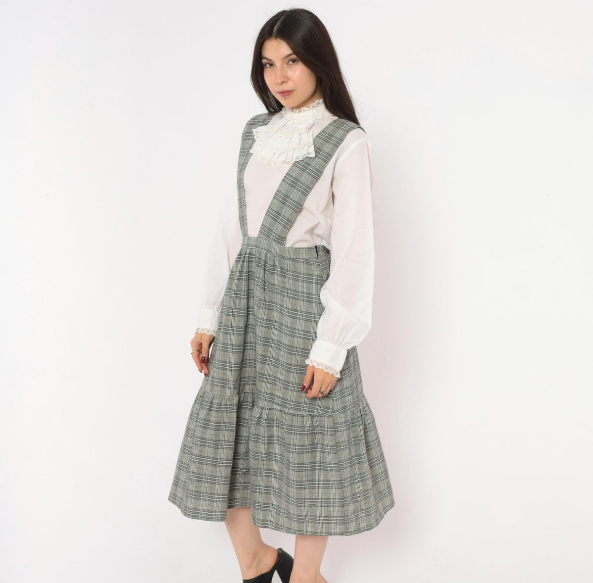 90s Grey Glen Plaid Pinafore Dress V-Neck Suspender Straps Tiered Ruffle Medium M