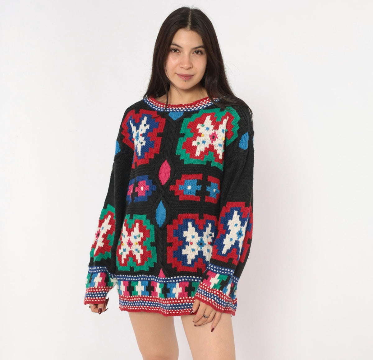 90s Hunter's Run Southwestern Patchwork Beaded Knit Pullover Black Small