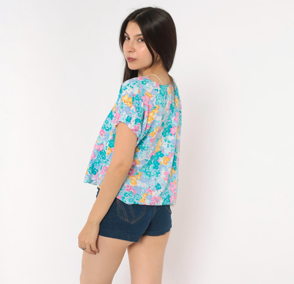 80s Watercolor Floral Crop Top Teal Pink Periwinkle Cap Sleeve Medium