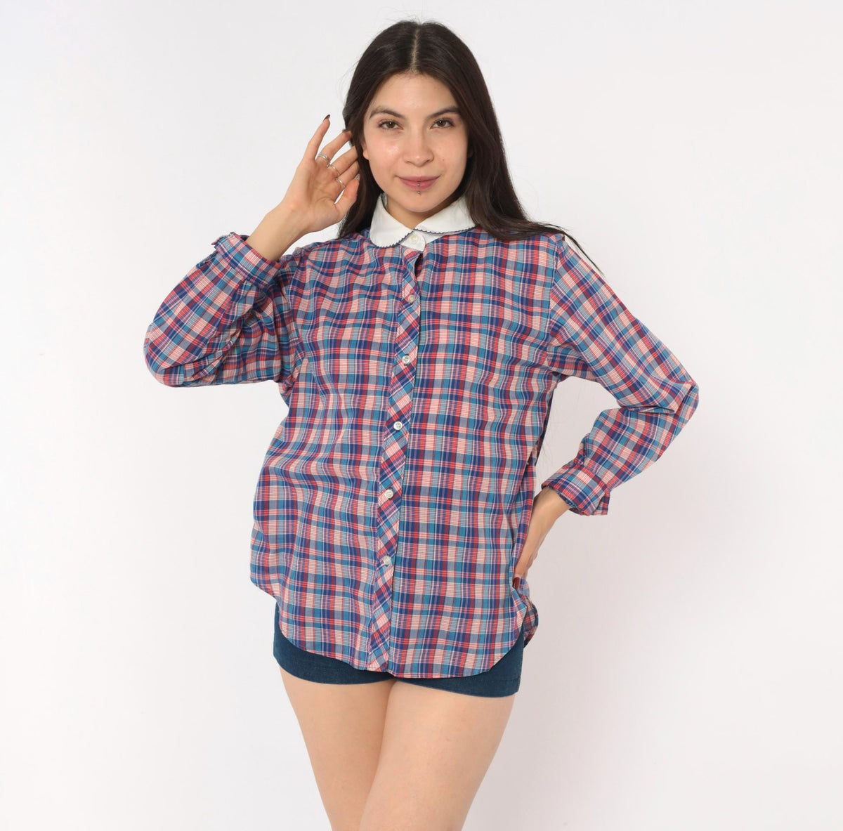 80s Oak Hill Plaid Peter Pan Collar Button Blouse Blue Red White Medium