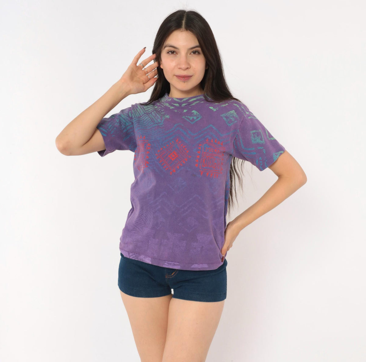 90s Morey Boogie All Over Print Tee Purple Teal Geometric Tribal Cotton XS