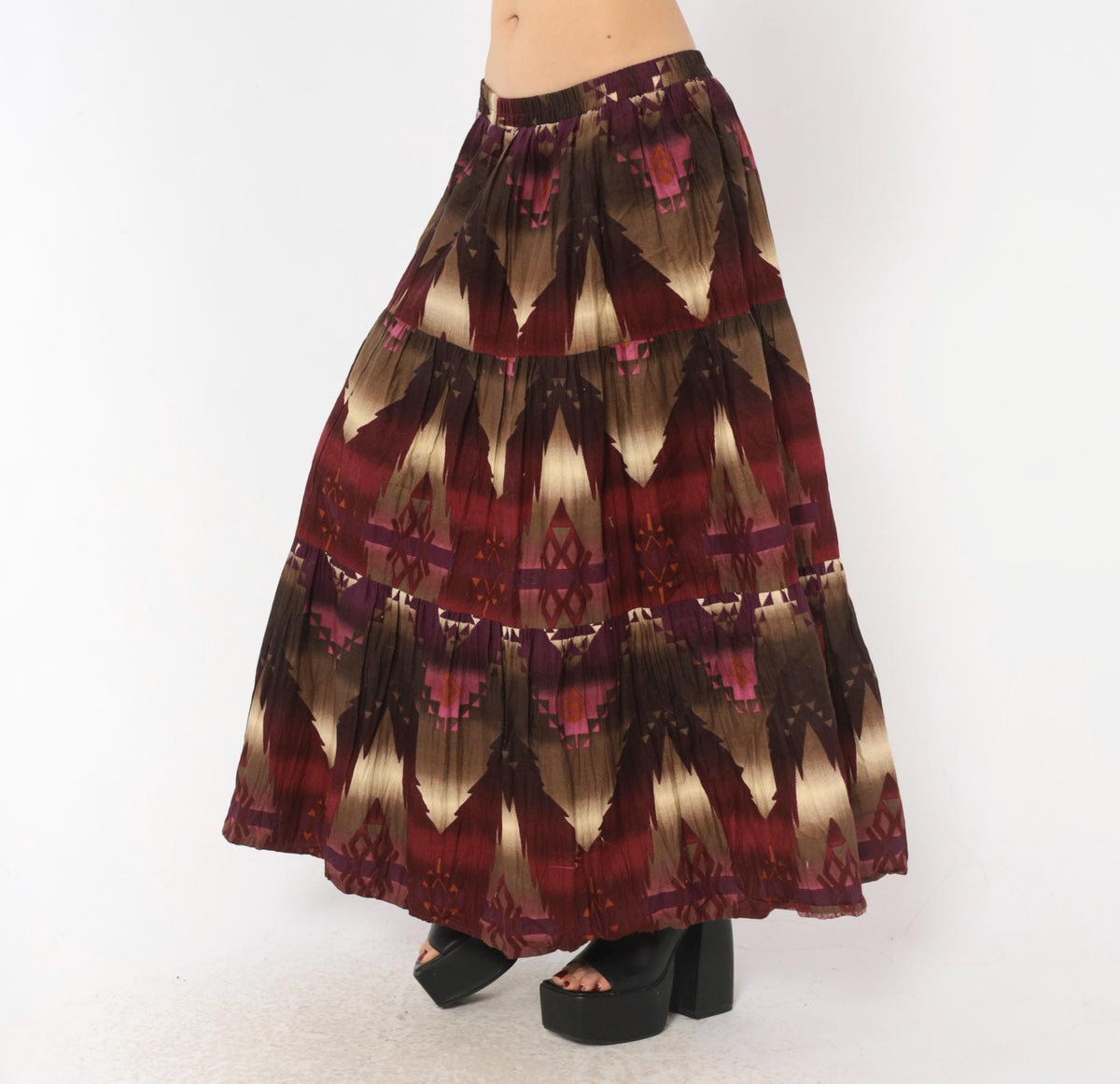 90s Circle T Southwestern Maxi Skirt Geometric Print Burgundy Cotton Medium