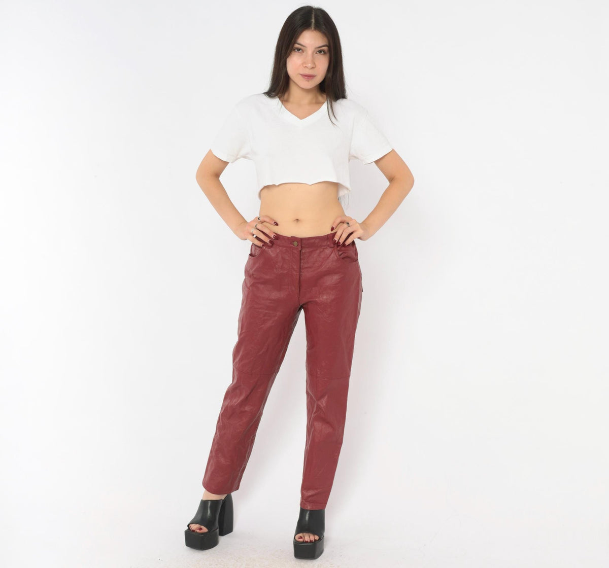 2000s Metrostyle Burgundy Leather Pants Straight Leg Low Rise Small Petite