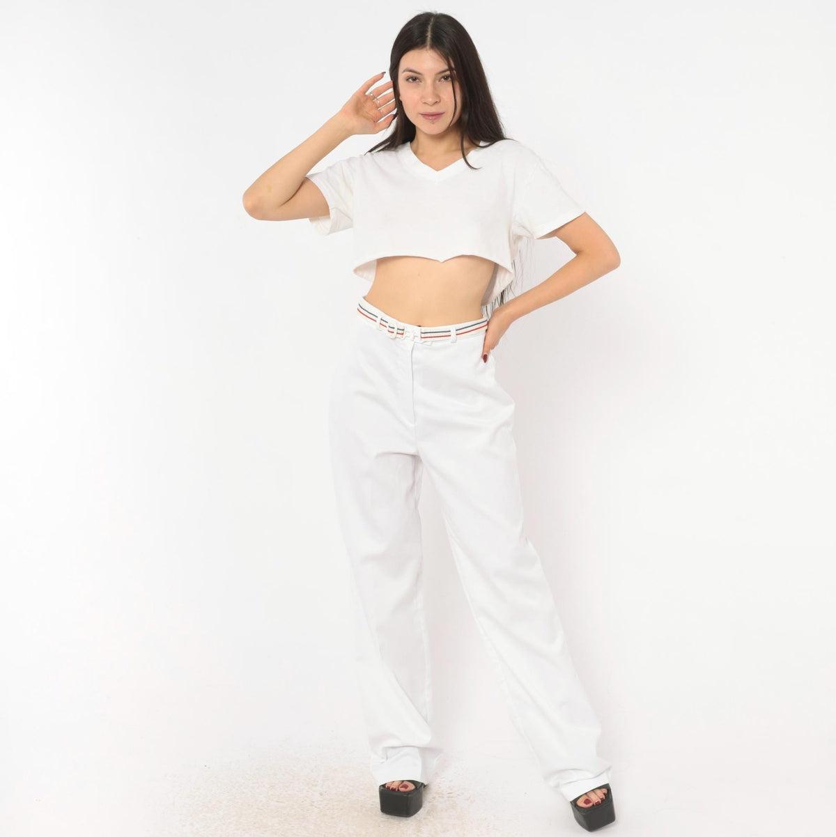 70s MMJ White Wide Leg Trousers Striped Belt High Rise Small S