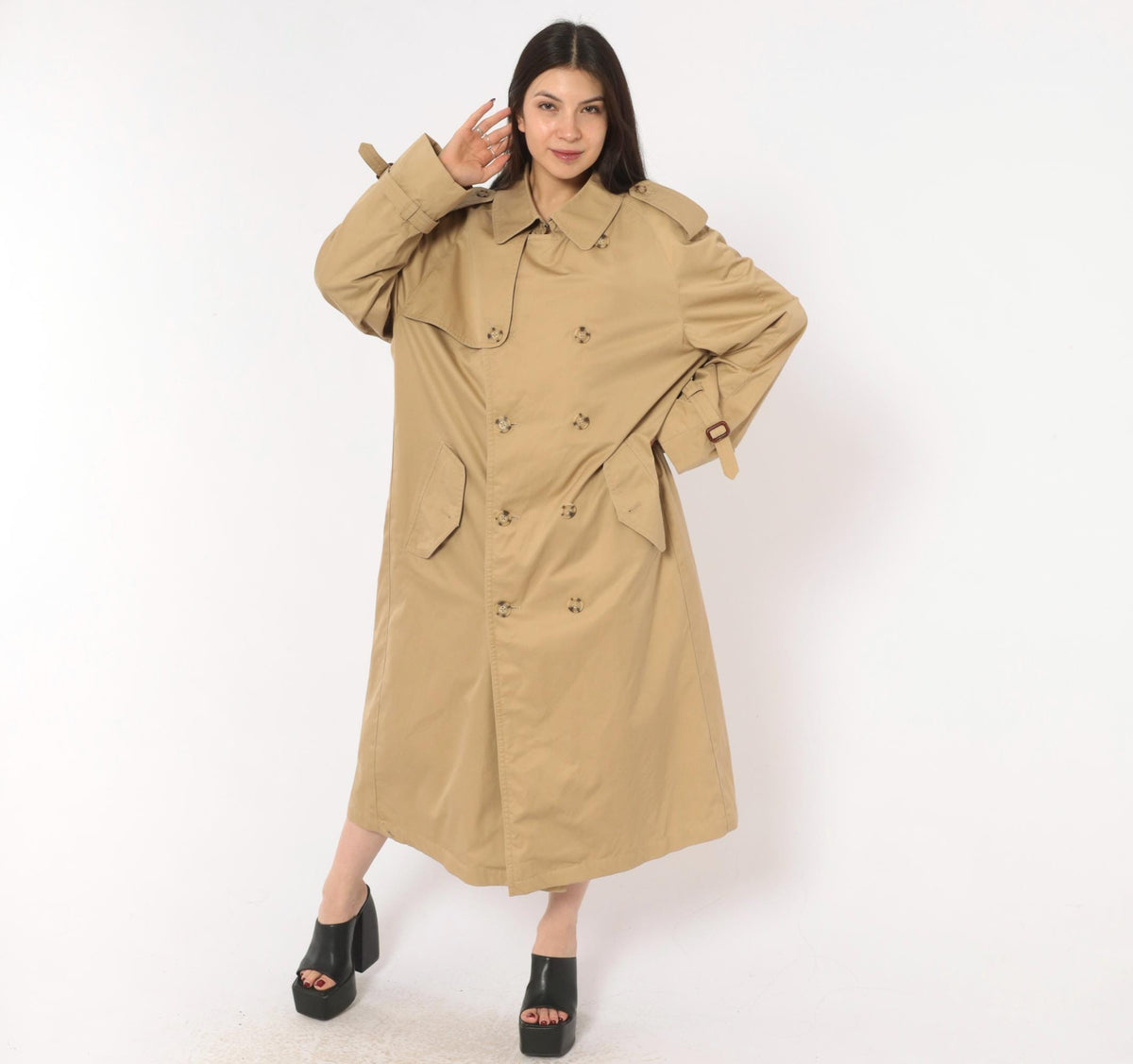 80s Tan Trench Coat Double Breasted Nova Check Lining Mens Medium