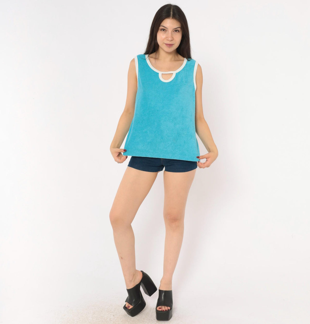 70s Sky Blue Terry Cloth Tank Keyhole Neckline White Trim Medium