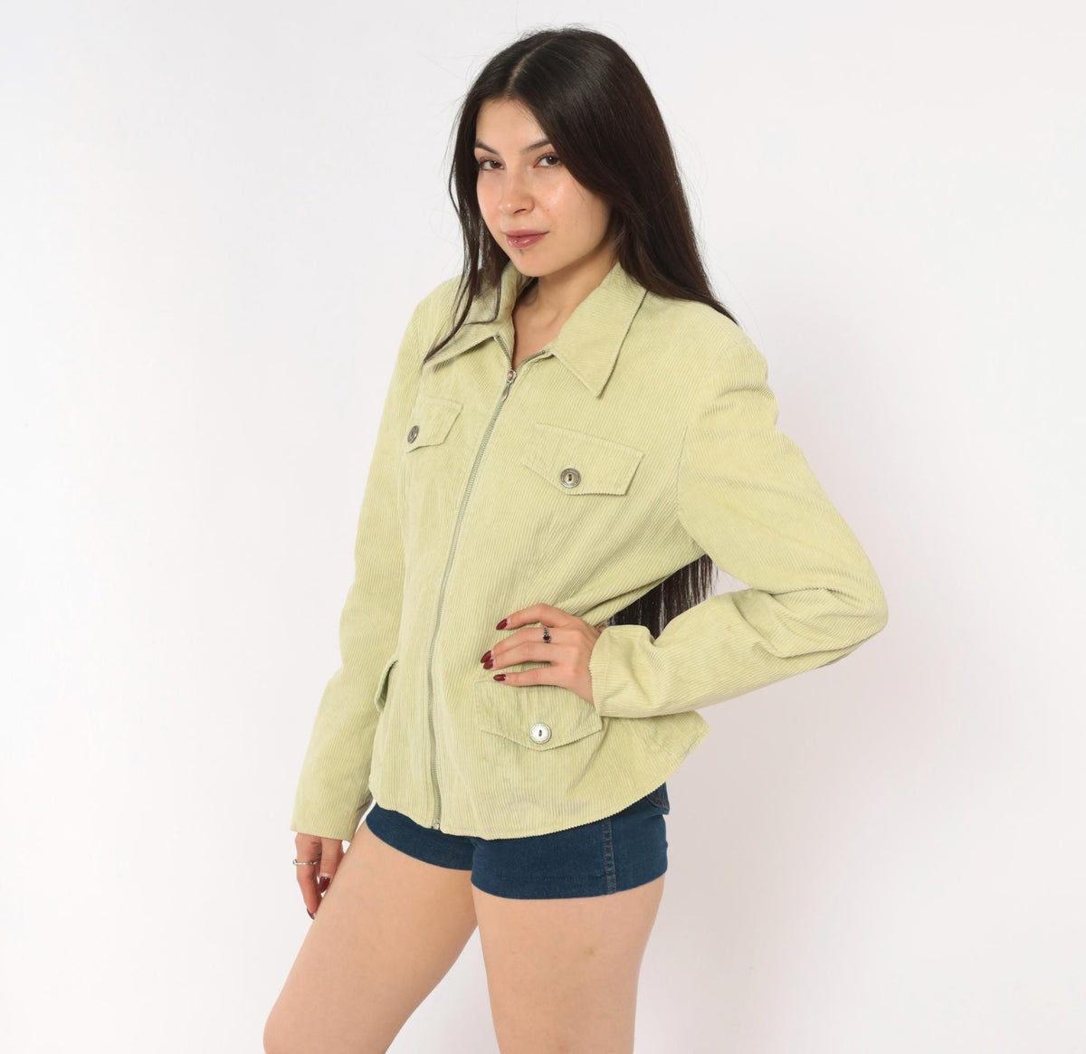 Y2K Rubbish Sage Corduroy Jacket Pointed Collar Four Pocket Mint Green Large L