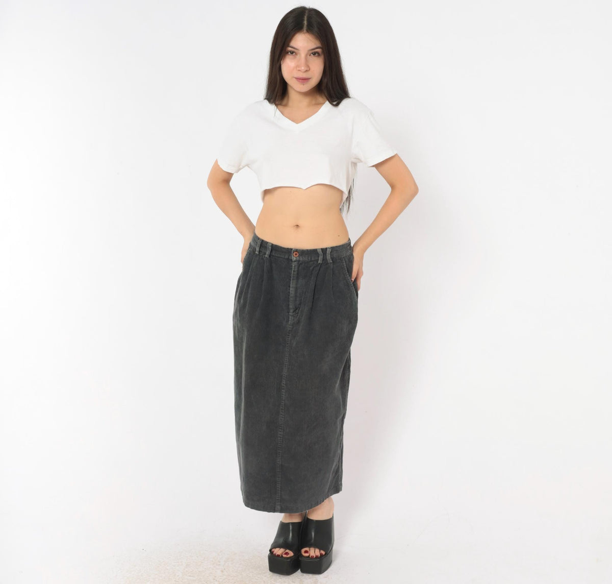 80s Gina Peters Charcoal Corduroy Midi Skirt Pleated High Waist Small