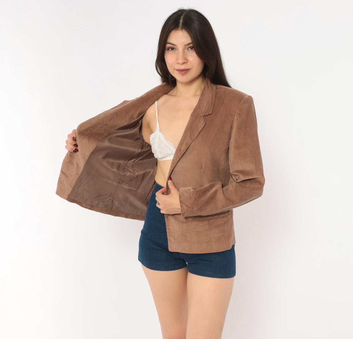 80s Panther Corduroy Blazer Mauve-Brown Notched Lapel Cotton Medium M