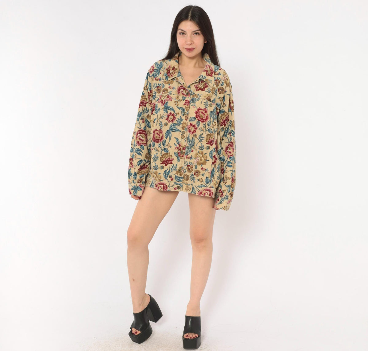 2000s Elisabeth Floral Corduroy Jacket Tan Botanical Button Front Plus Size 3X