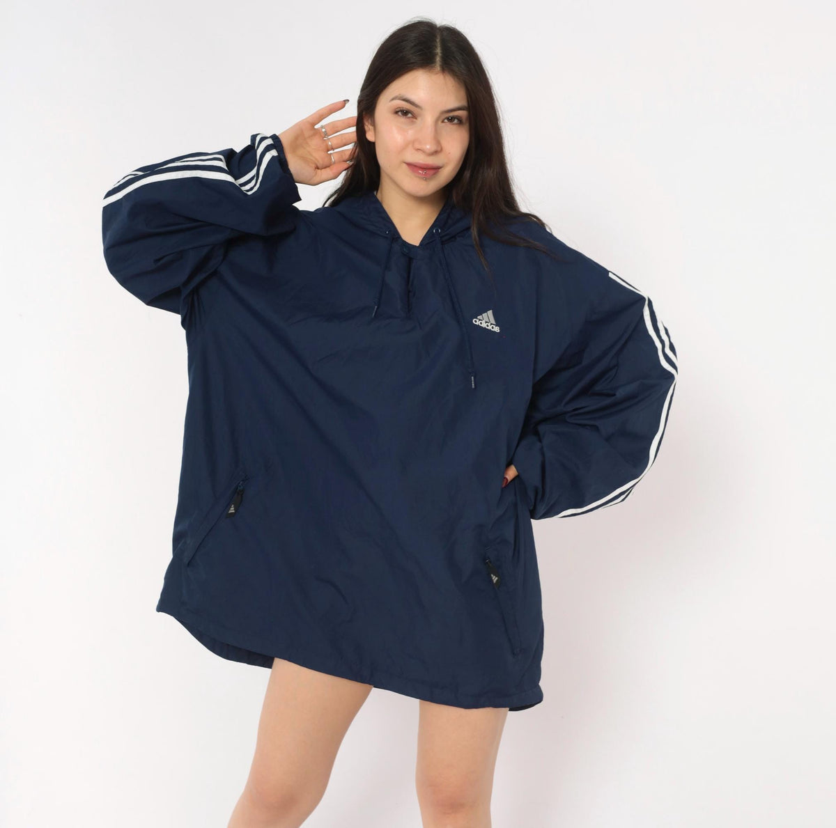 Y2K Adidas Navy Windbreaker Anorak Hooded Pullover White Stripe Extra Large XL