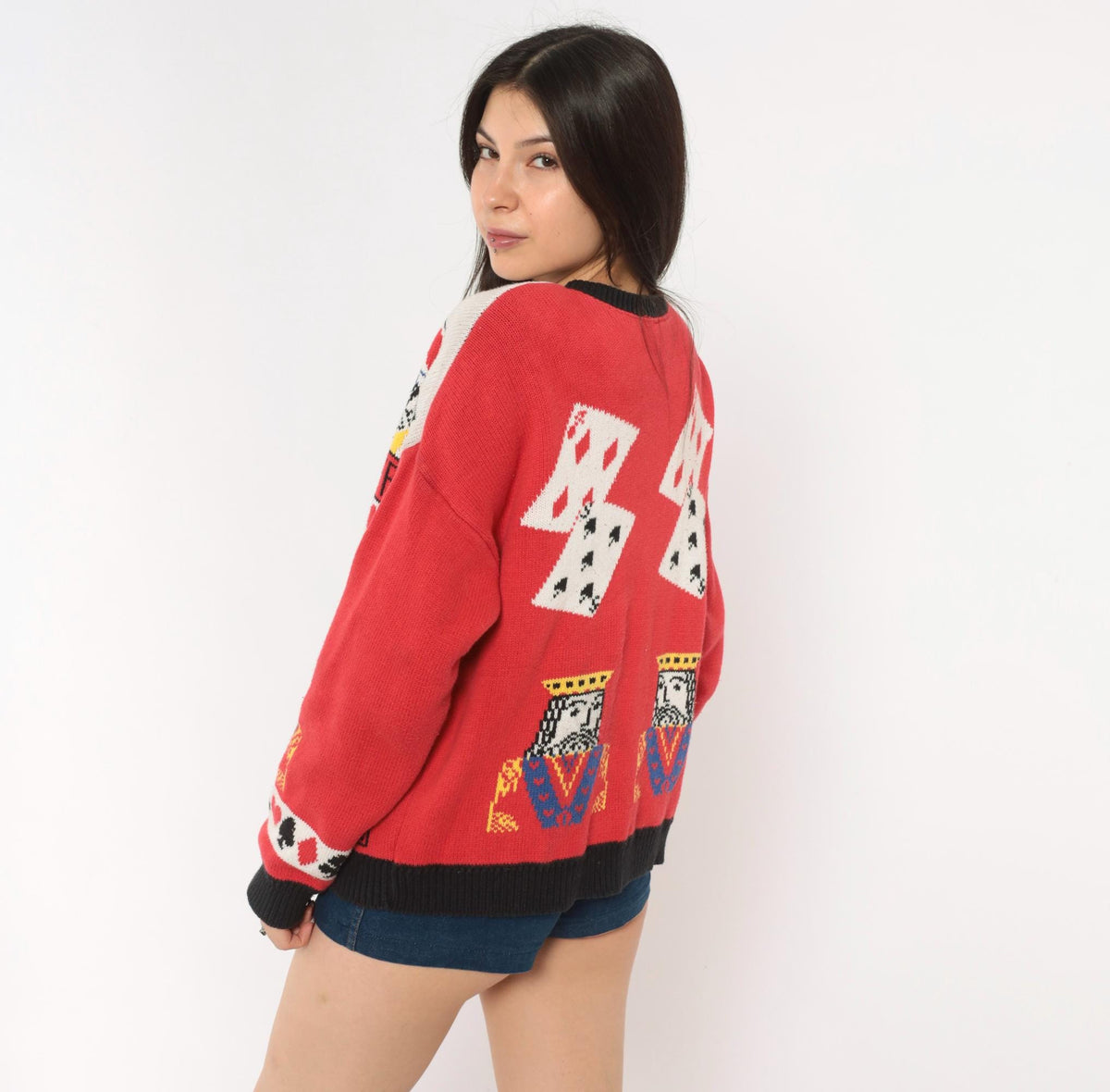 90s Casual Corner Cardigan Red Black Game Night Novelty Knit Large L
