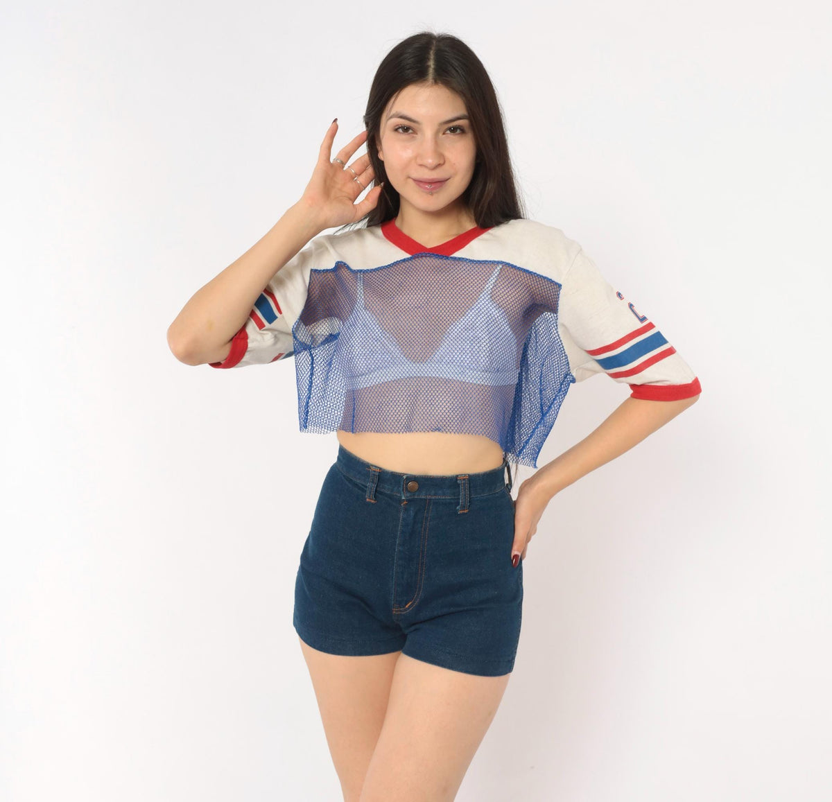 80s Indy Knit Mesh Crop Top Blue Red Stripe V-Neck Athletic Jersey Extra Large