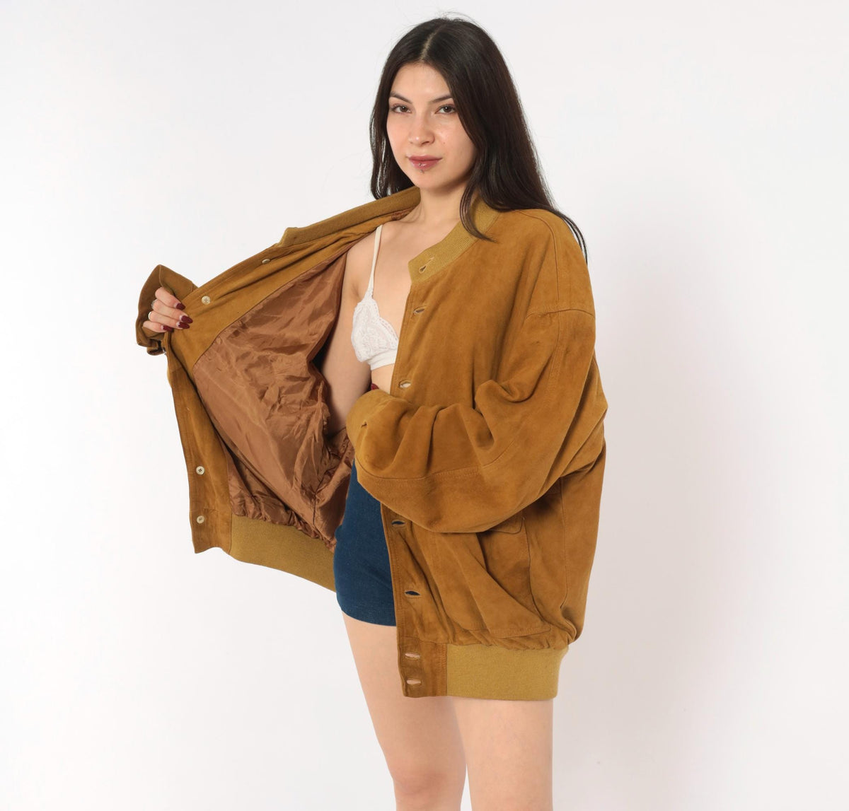 80s Rely Mustard Suede Bomber Jacket Knit Collar Button Front Medium