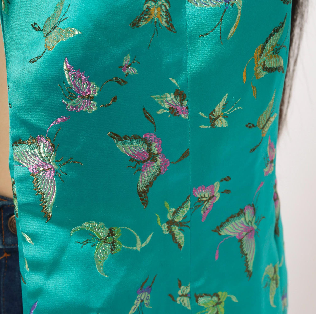 90s Teal Satin Brocade Blazer Butterfly Bird Embroidered XS