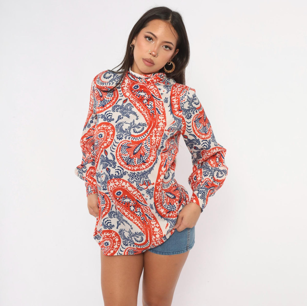 70s Paisley Mock Neck Blouse Red Navy Bishop Sleeve Tunic Medium M