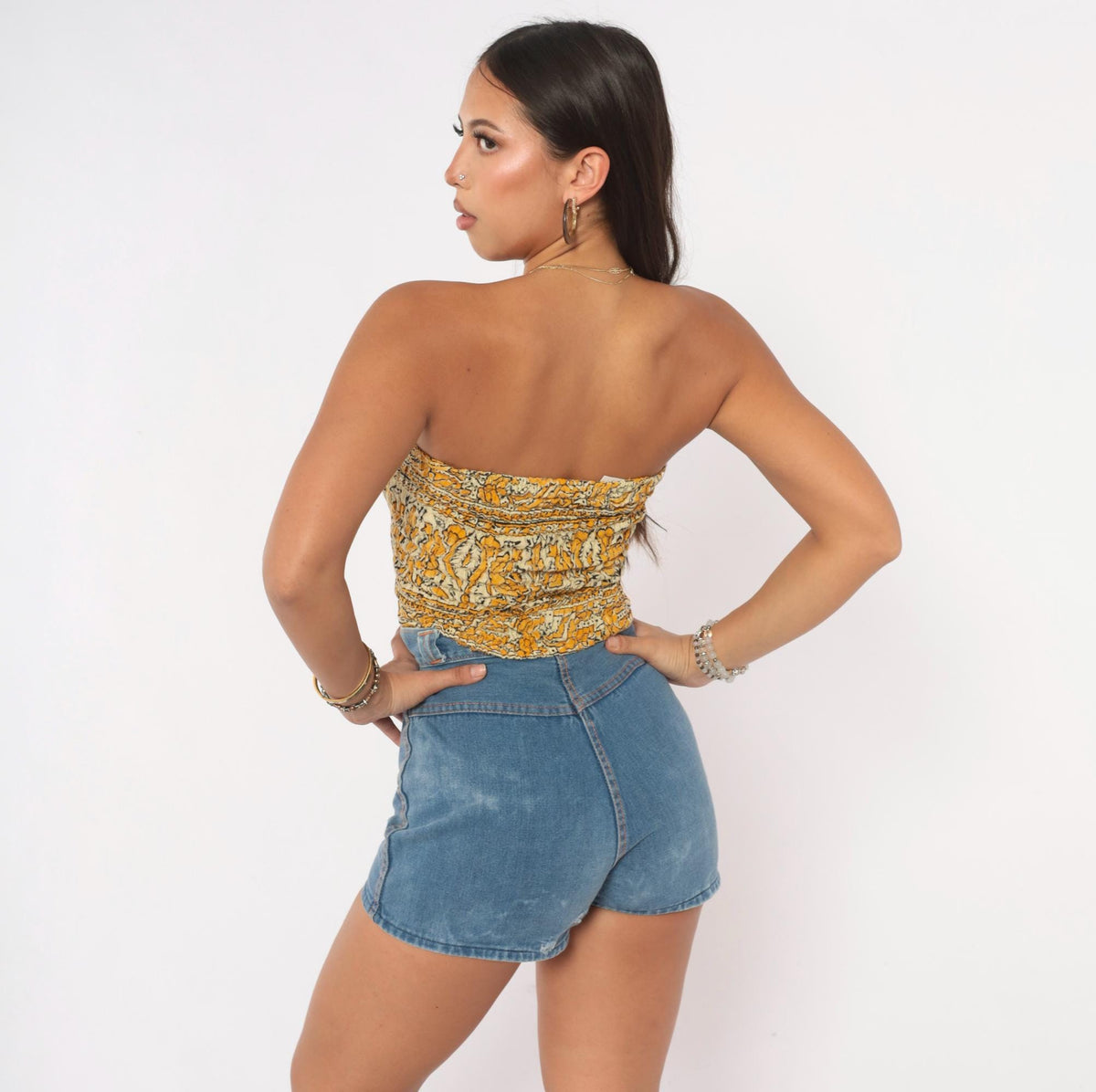 70s Yellow Mustard Block Print Smocked Tube Top Strapless Crop Cotton Extra Small