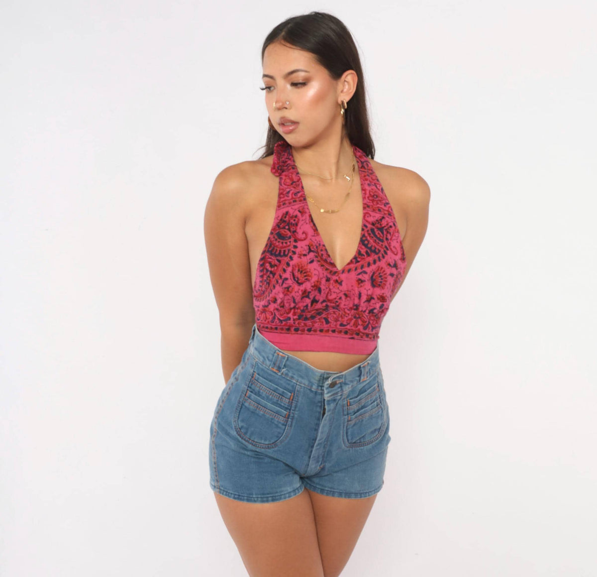 70s Pink Paisley Halter Crop Top Deep V Neck Backless Cotton Small
