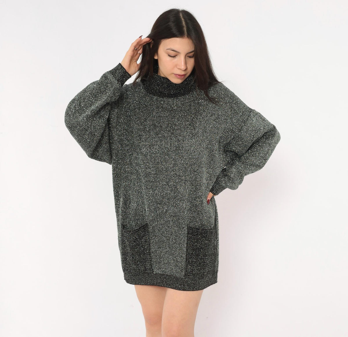80s Black Silver Lurex Knit Mini Dress Cowl Turtleneck Balloon Sleeve Medium