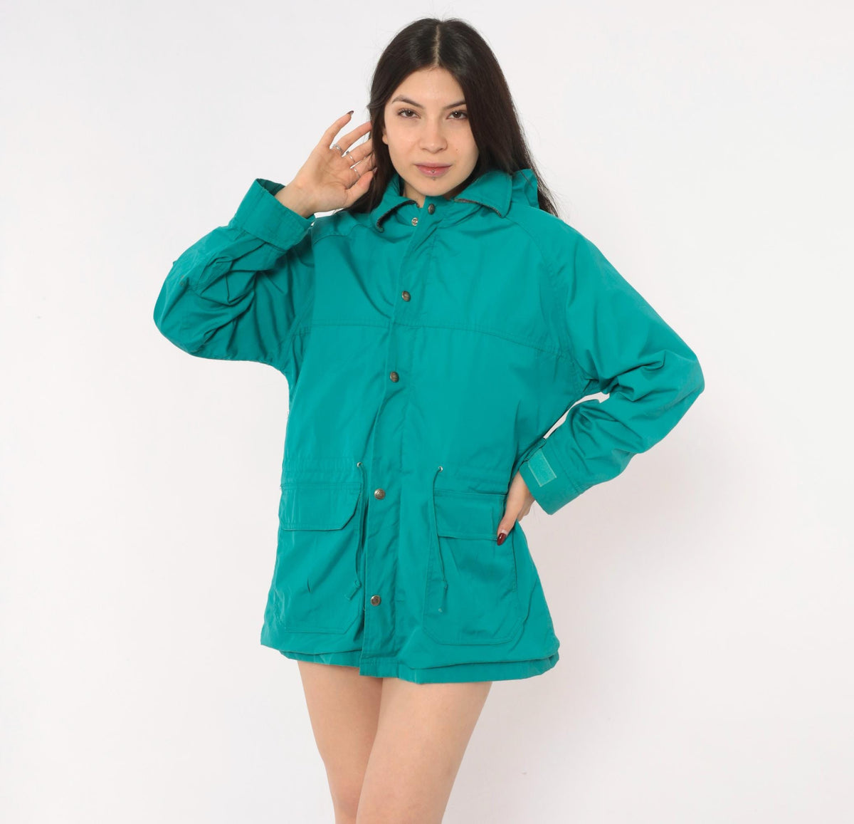 80s Woolrich Teal Hooded Parka Plaid Lined Windbreaker Small
