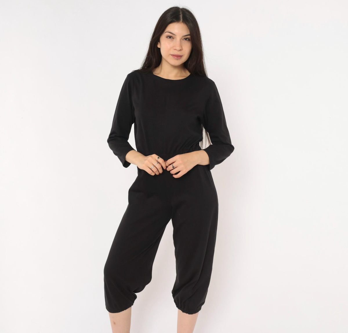 80s Black Jumpsuit Cropped Leg Three Quarter Sleeve Scoop Neck Small