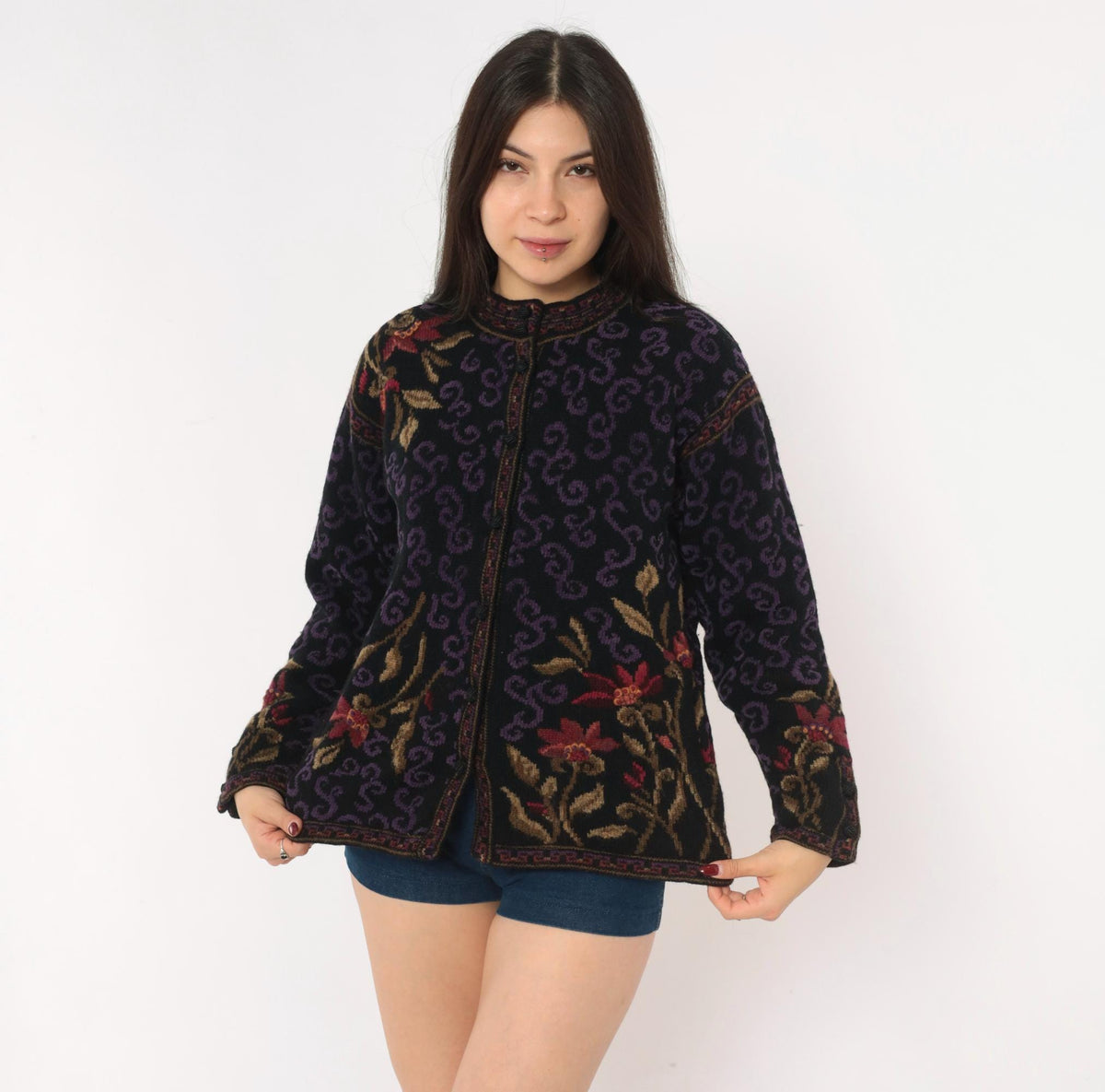 80s Icelandic Design Wool Cardigan Black Purple Floral Jacquard Small